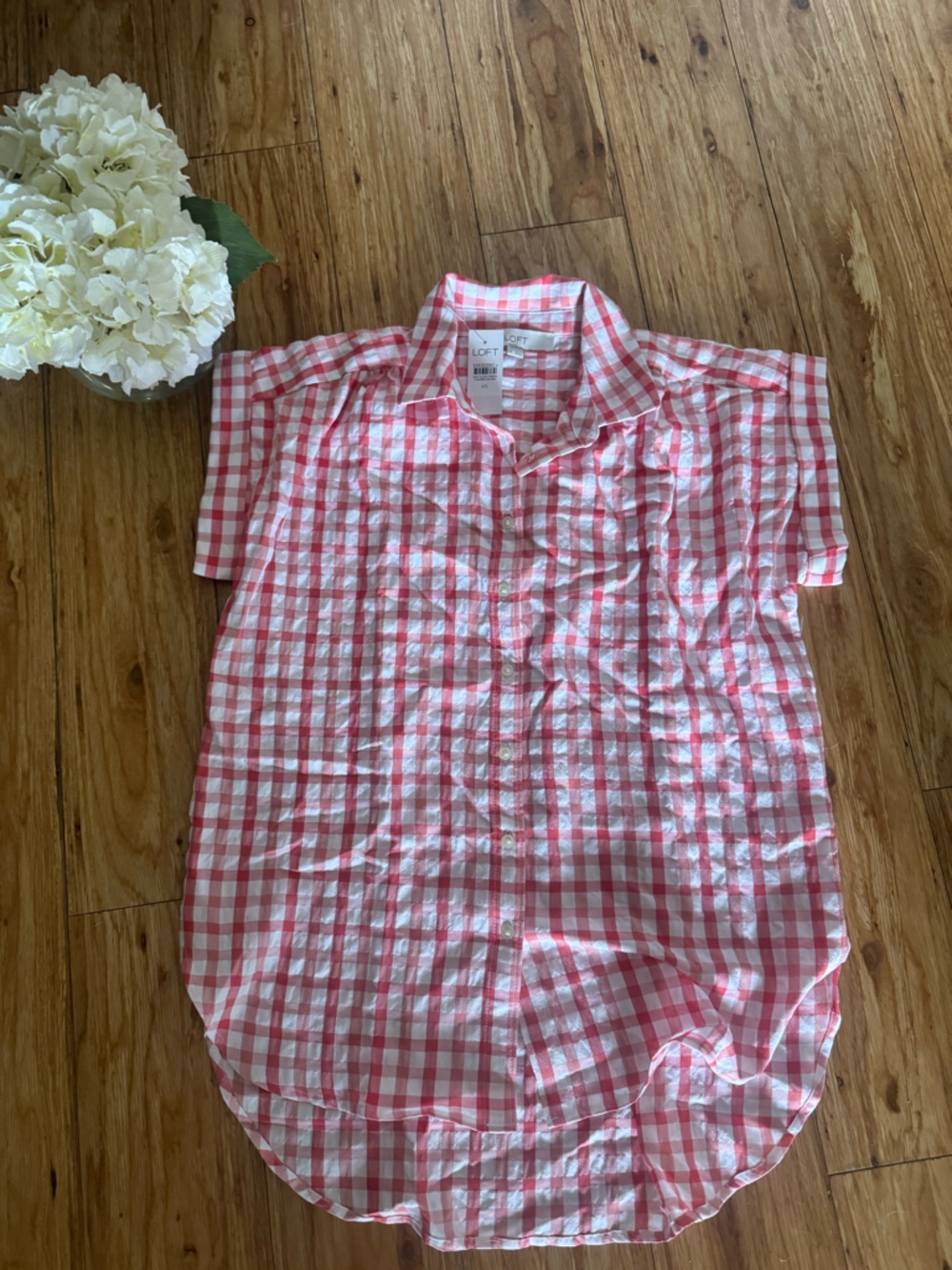 LOFT Pink and White Gingham Short-Sleeve Button-Down